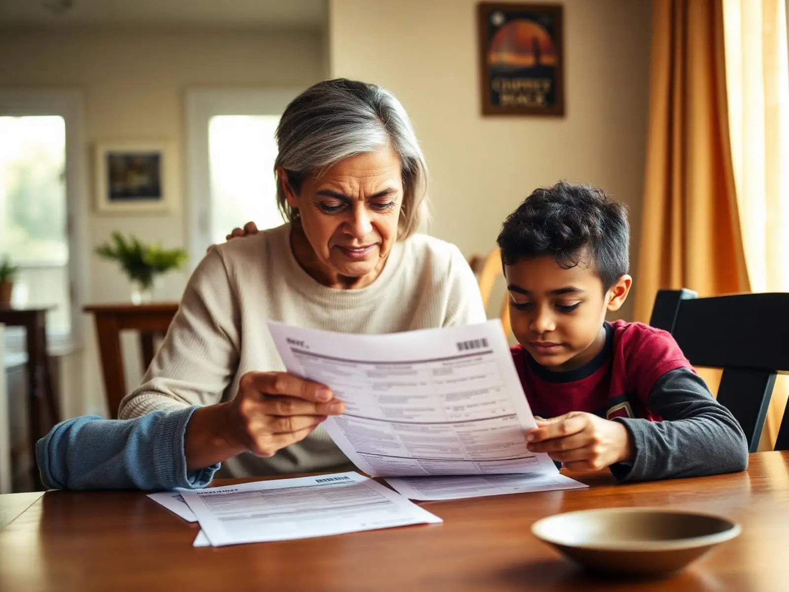 Parent helping adult child understand disability benefit statement together