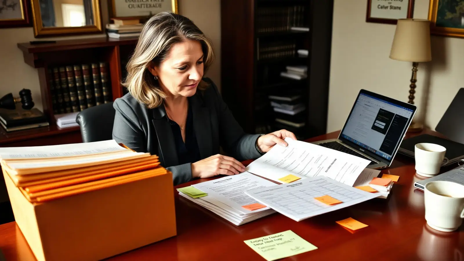 Attorney preparing detailed hearing materials with organized case files and timeline
