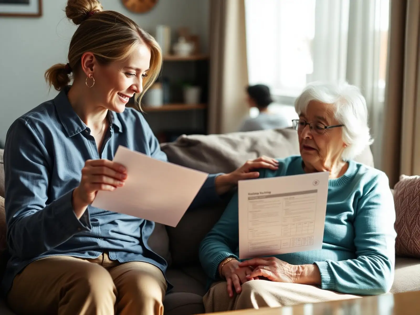 Caregiver and elderly person reviewing SSI benefit documents together on couch