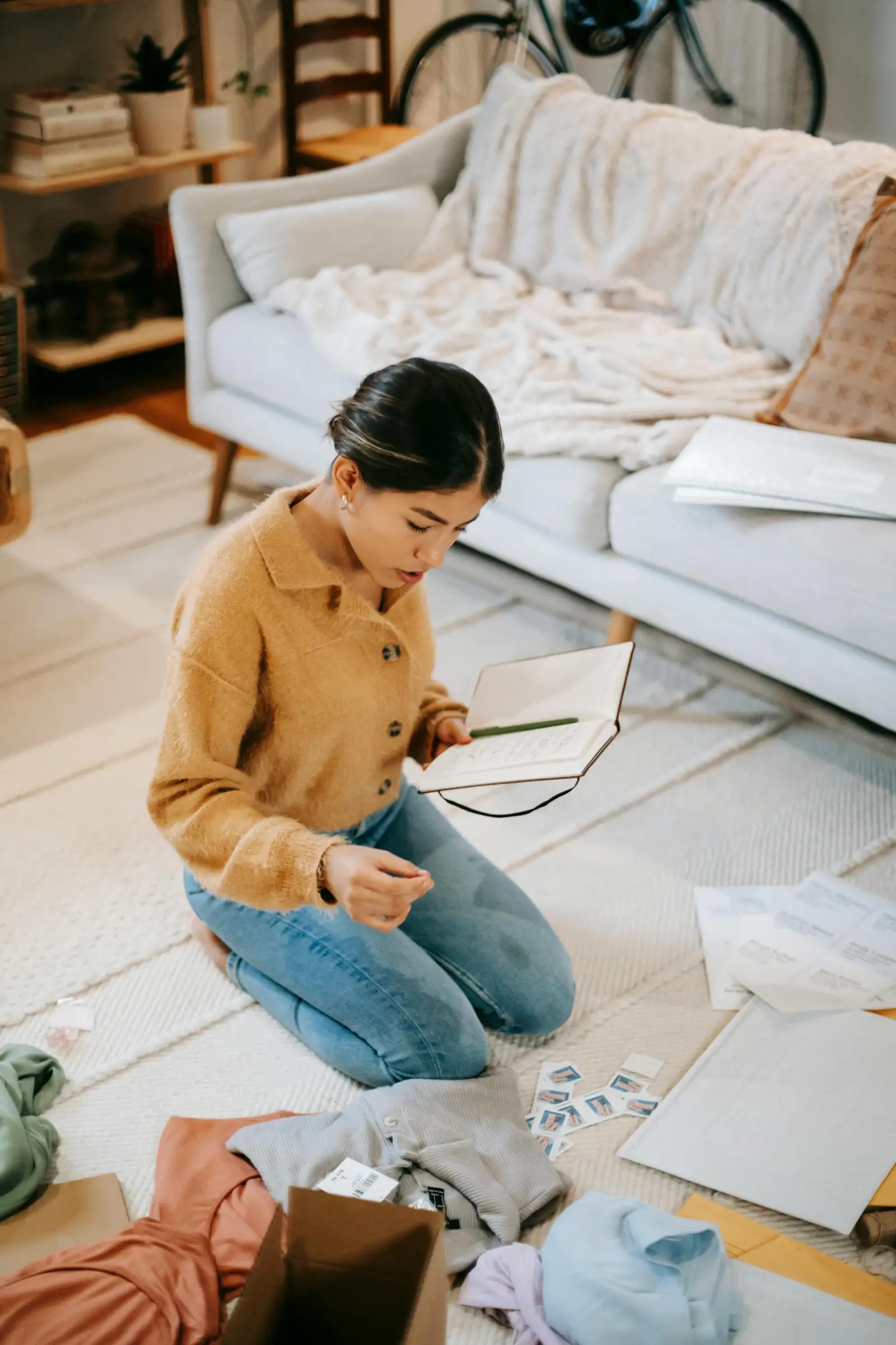 Person kneeling on a rug organizing envelopes, labels, and household paperwork